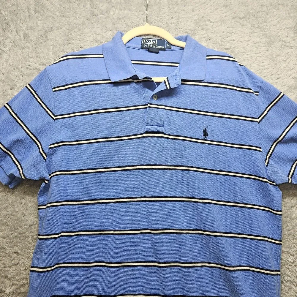 Polo Ralph Lauren Mens Blue Stipe Polo Shirt Size L Cotton Classic Preppy